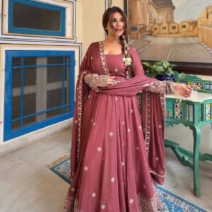 Dark Rose Mul Chanderi Silk Gown Set