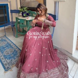 Dark Rose Mul Chanderi Silk Gown Set