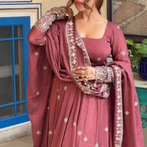 Dark Rose Mul Chanderi Silk Gown Set