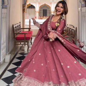 Dark Rose Mul Chanderi Silk Gown Set
