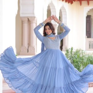 Vista Blue Georgette Designer Gown