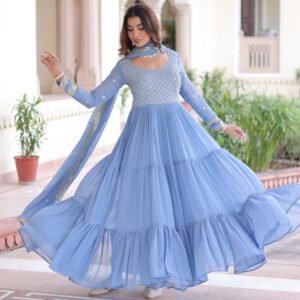 Vista Blue Georgette Designer Gown
