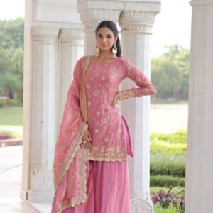 Charm Pink Color Fendy Silk Sharara Set