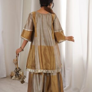 Dust Brown Two-Tone Tissue Suit Set with Mirror Lace