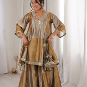 Dust Brown Two-Tone Tissue Suit Set with Mirror Lace