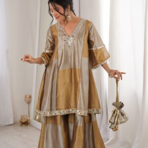 Dust Brown Two-Tone Tissue Suit Set with Mirror Lace