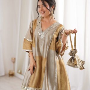 Dust Brown Two-Tone Tissue Suit Set with Mirror Lace