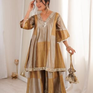 Dust Brown Two-Tone Tissue Suit Set with Mirror Lace