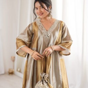 Dust Brown Two-Tone Tissue Suit Set with Mirror Lace