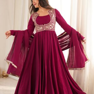 Royal Burgundy Roman Silk Chanderi Anarkali Gown with Fancy Jacket