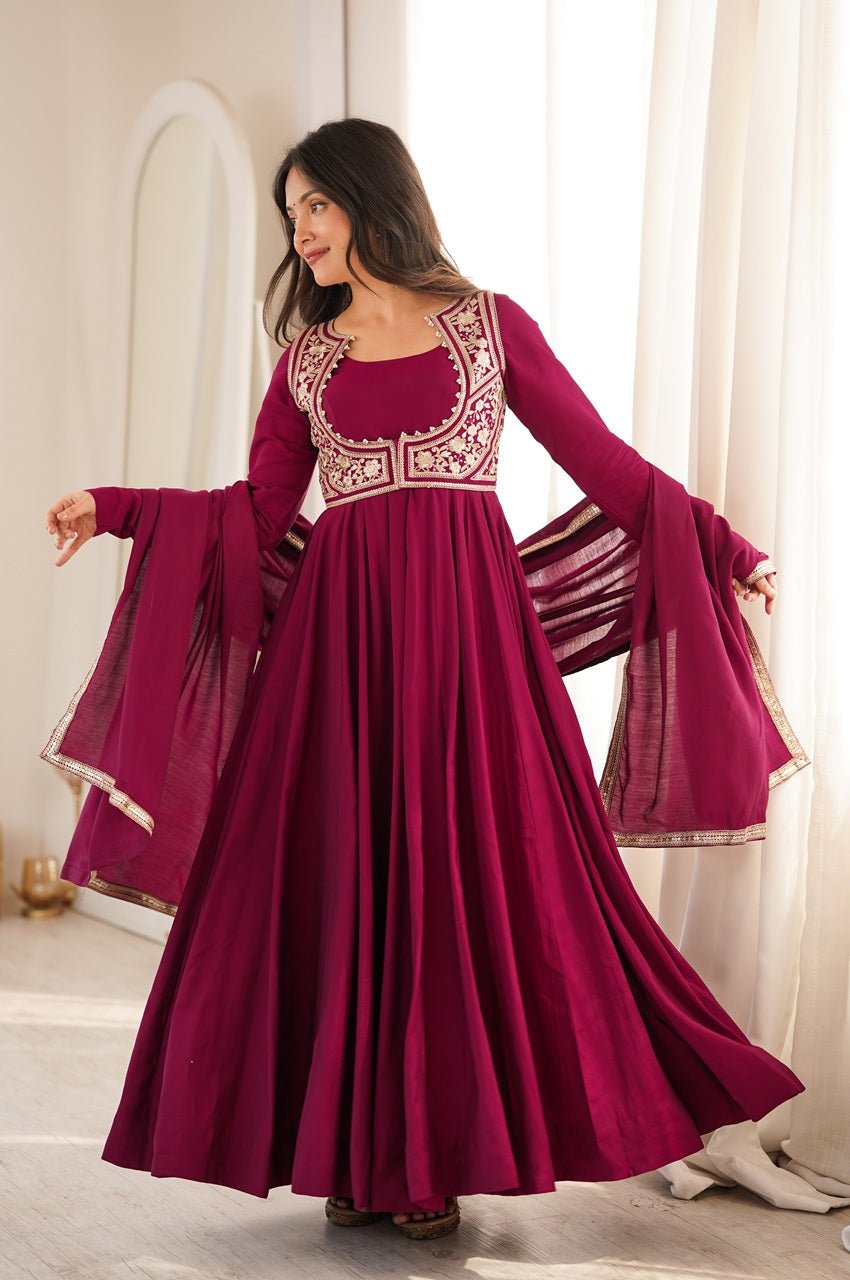 Royal Burgundy Roman Silk Chanderi Anarkali Gown with Fancy Jacket Royal Burgundy Roman Silk Chanderi Anarkali Gown with Fancy Jacket