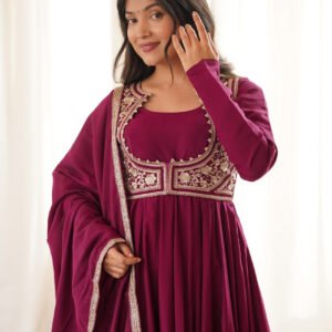 Royal Burgundy Roman Silk Chanderi Anarkali Gown with Fancy Jacket