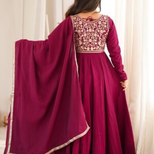 Royal Burgundy Roman Silk Chanderi Anarkali Gown with Fancy Jacket