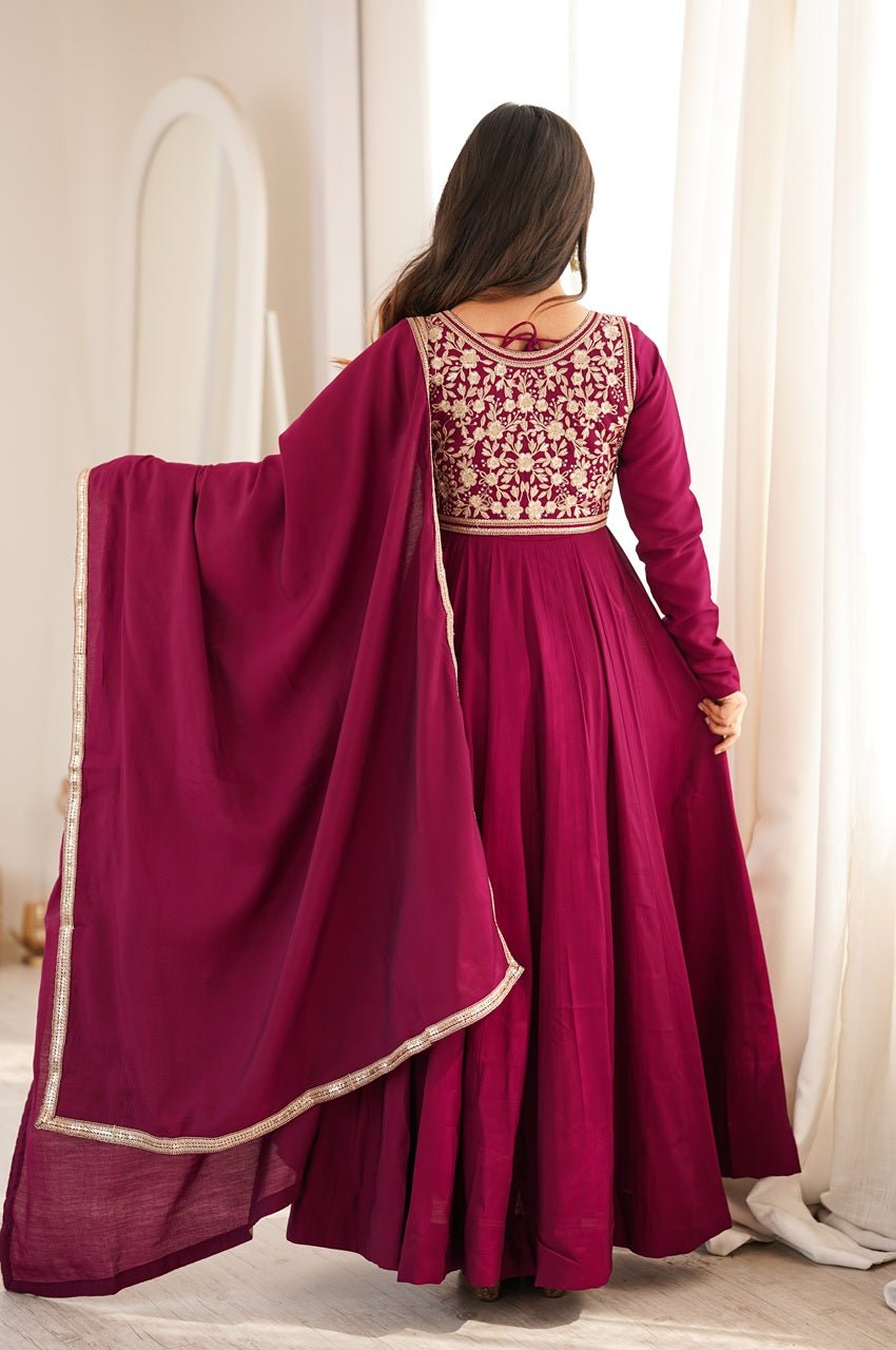 Royal Burgundy Roman Silk Chanderi Anarkali Gown with Fancy Jacket Royal Burgundy Roman Silk Chanderi Anarkali Gown with Fancy Jacket