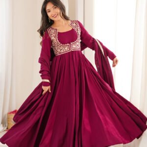 Royal Burgundy Roman Silk Chanderi Anarkali Gown with Fancy Jacket
