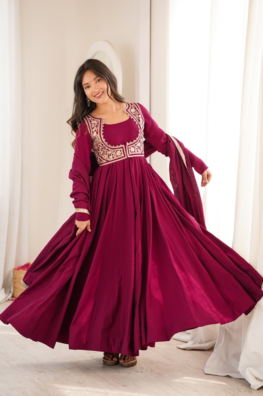Royal Burgundy Roman Silk Chanderi Anarkali Gown with Fancy Jacket Royal Burgundy Roman Silk Chanderi Anarkali Gown with Fancy Jacket