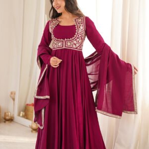 Royal Burgundy Roman Silk Chanderi Anarkali Gown with Fancy Jacket