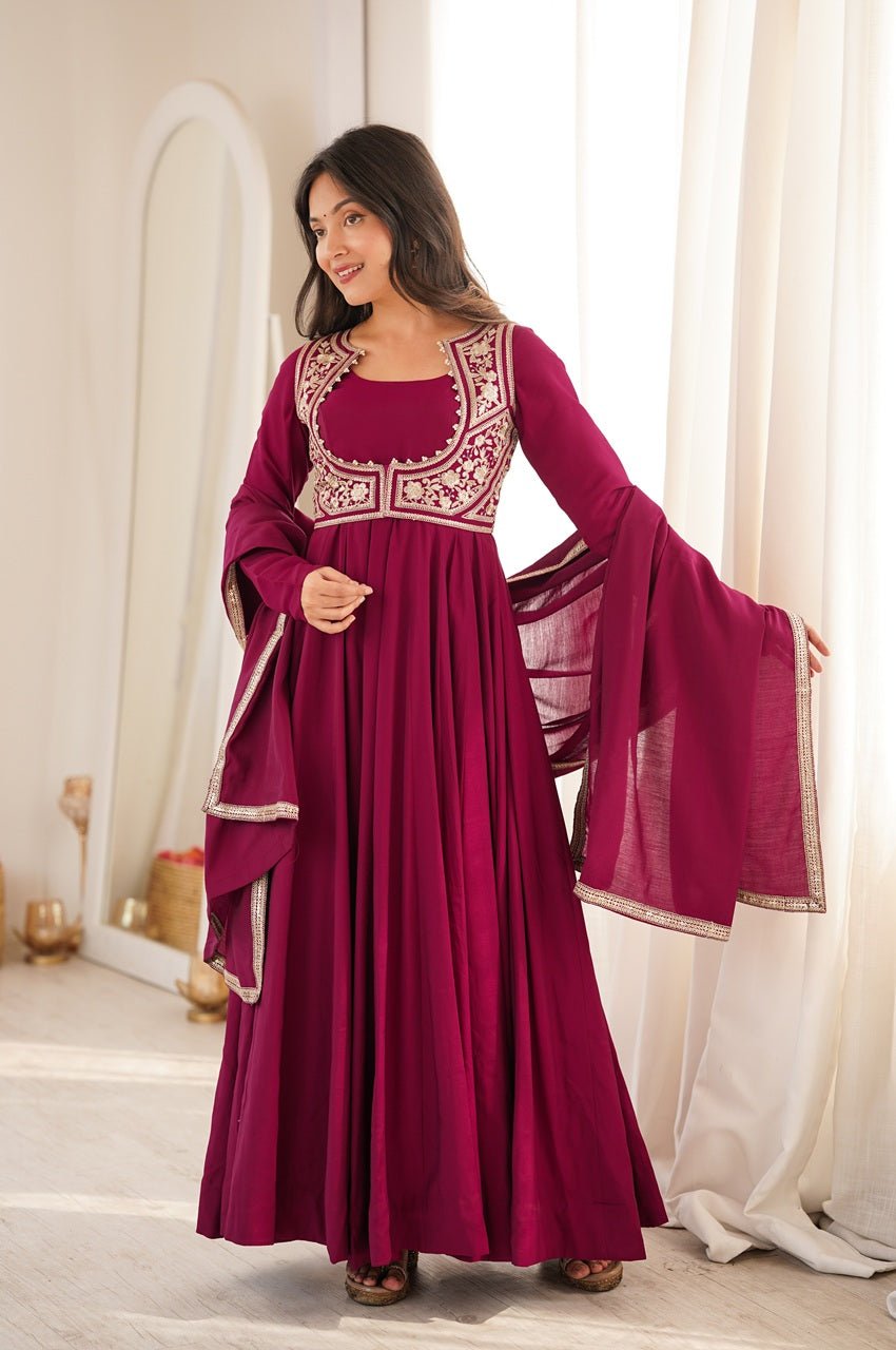 Royal Burgundy Roman Silk Chanderi Anarkali Gown with Fancy Jacket Royal Burgundy Roman Silk Chanderi Anarkali Gown with Fancy Jacket