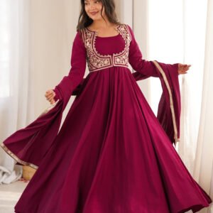 Royal Burgundy Roman Silk Chanderi Anarkali Gown with Fancy Jacket