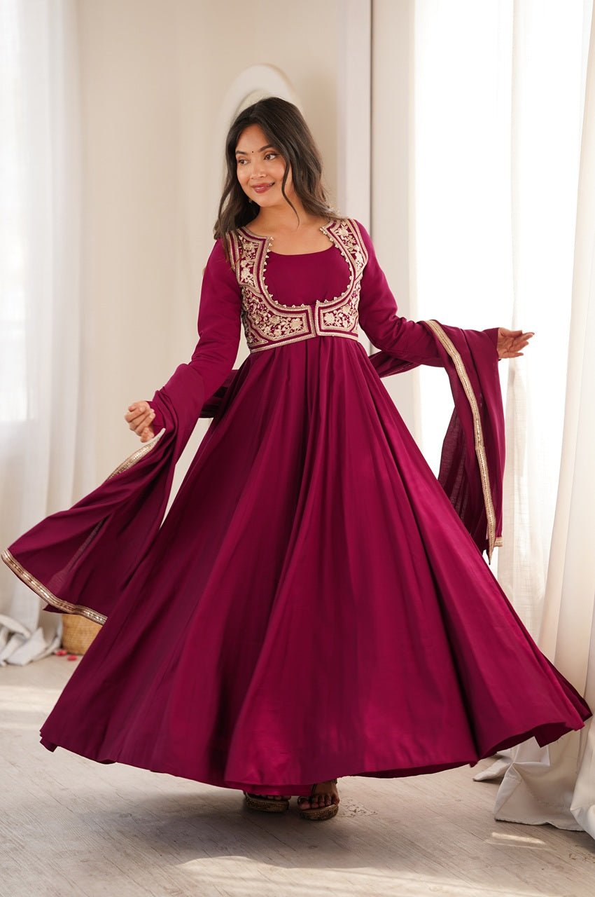 Royal Burgundy Roman Silk Chanderi Anarkali Gown with Fancy Jacket Royal Burgundy Roman Silk Chanderi Anarkali Gown with Fancy Jacket