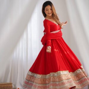 Red Blooming Vichitra Silk Embroidered Anarkali Suit with Dupatta