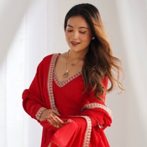 Red Blooming Vichitra Silk Embroidered Anarkali Suit with Dupatta
