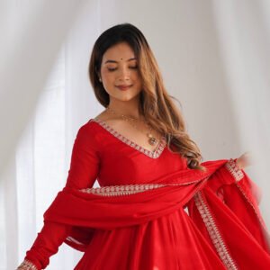 Red Blooming Vichitra Silk Embroidered Anarkali Suit with Dupatta