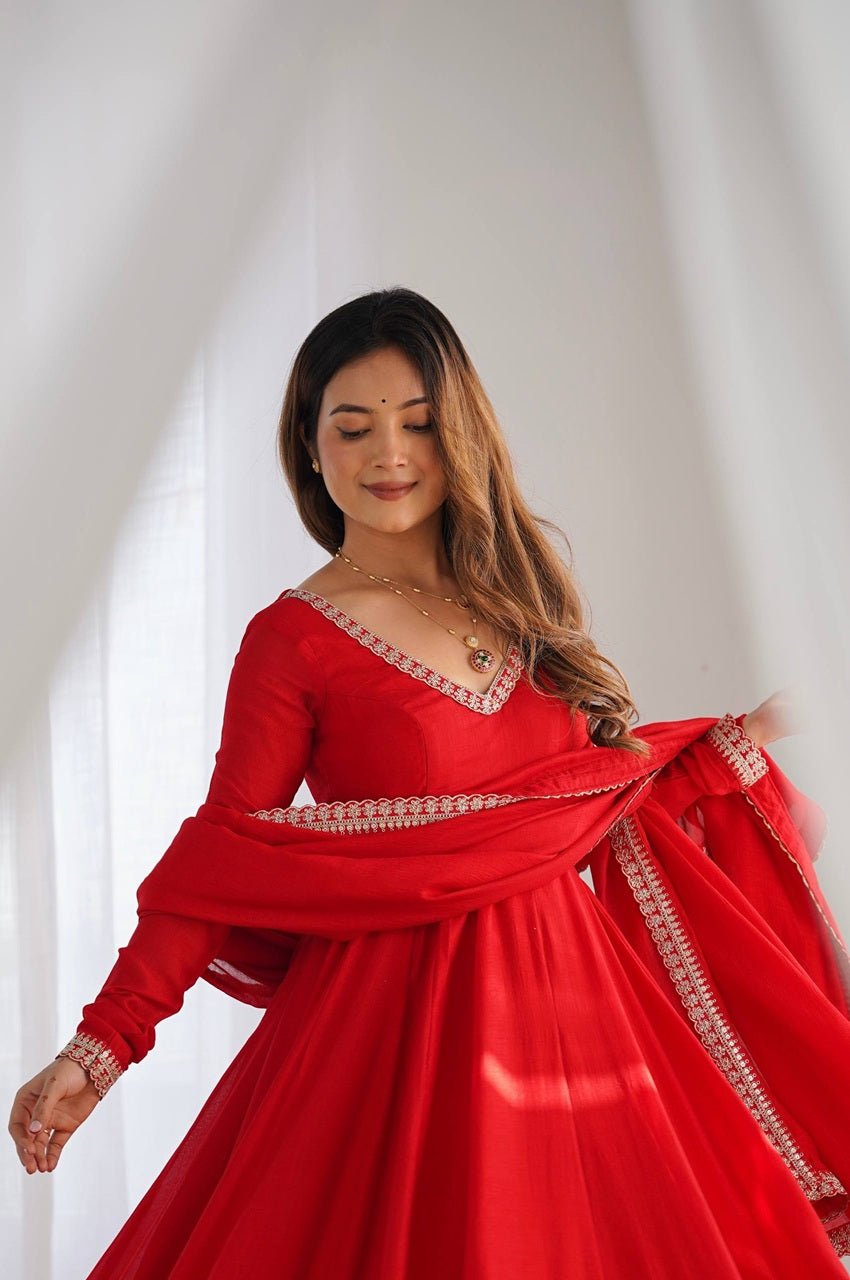 Red Blooming Vichitra Silk Embroidered Anarkali Suit with Dupatta Red Blooming Vichitra Silk Embroidered Anarkali Suit with Dupatta