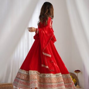 Red Blooming Vichitra Silk Embroidered Anarkali Suit with Dupatta
