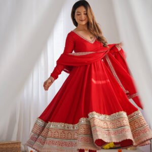 Red Blooming Vichitra Silk Embroidered Anarkali Suit with Dupatta