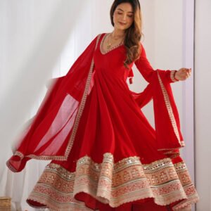 Red Blooming Vichitra Silk Embroidered Anarkali Suit with Dupatta