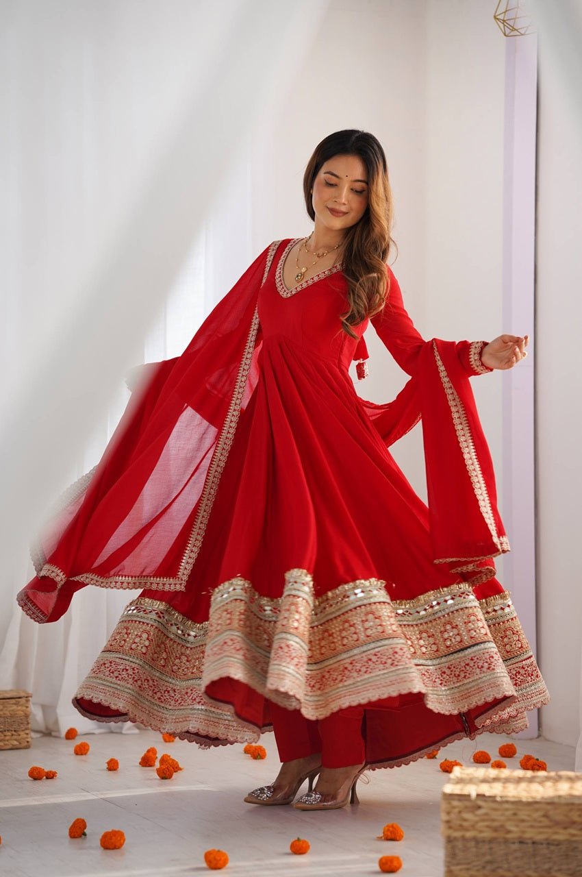 Red Blooming Vichitra Silk Embroidered Anarkali Suit with Dupatta Red Blooming Vichitra Silk Embroidered Anarkali Suit with Dupatta