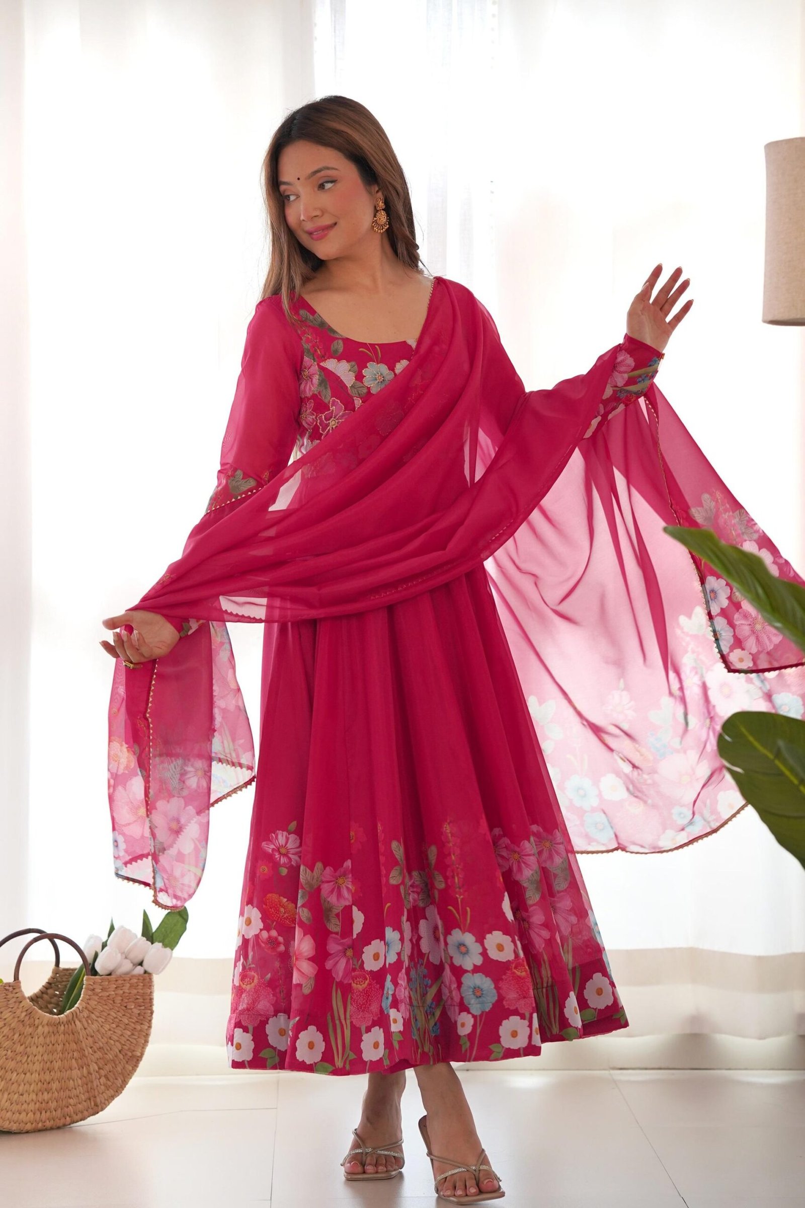 Rani Pink Flower Print Organza Silk Anarkali Suit Set Rani Pink Flower Print Organza Silk Anarkali Suit Set