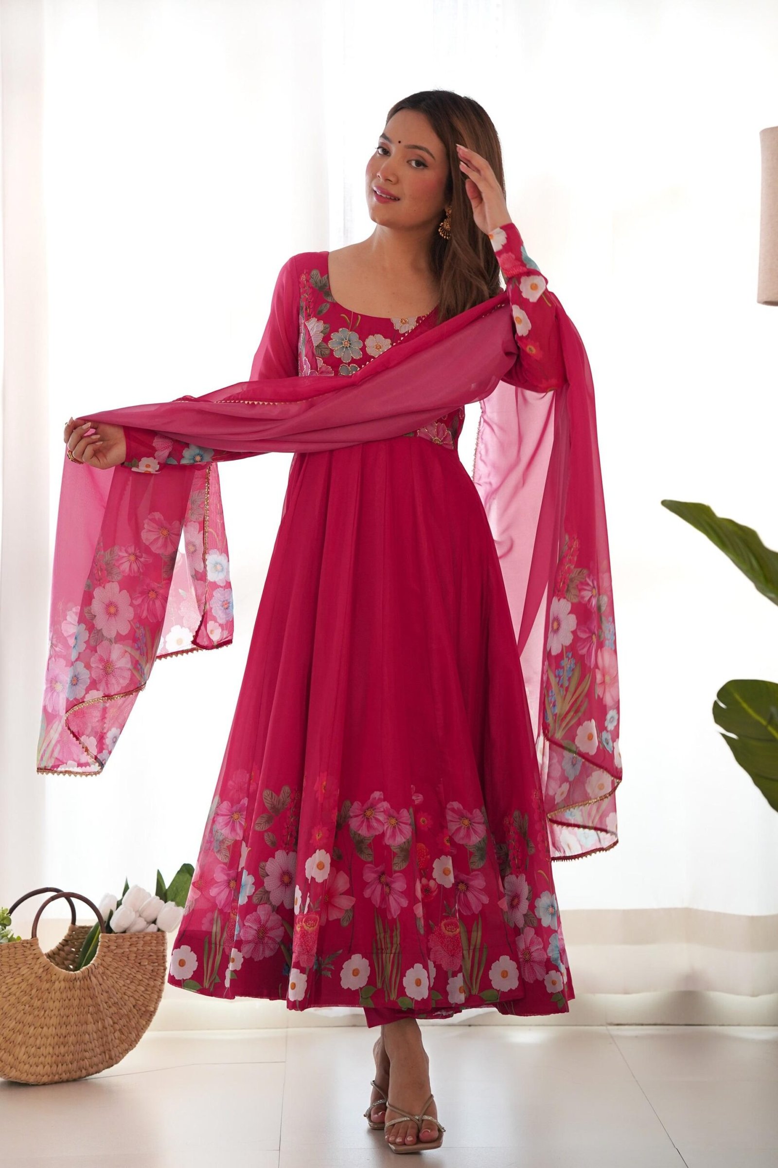 Rani Pink Flower Print Organza Silk Anarkali Suit Set Rani Pink Flower Print Organza Silk Anarkali Suit Set