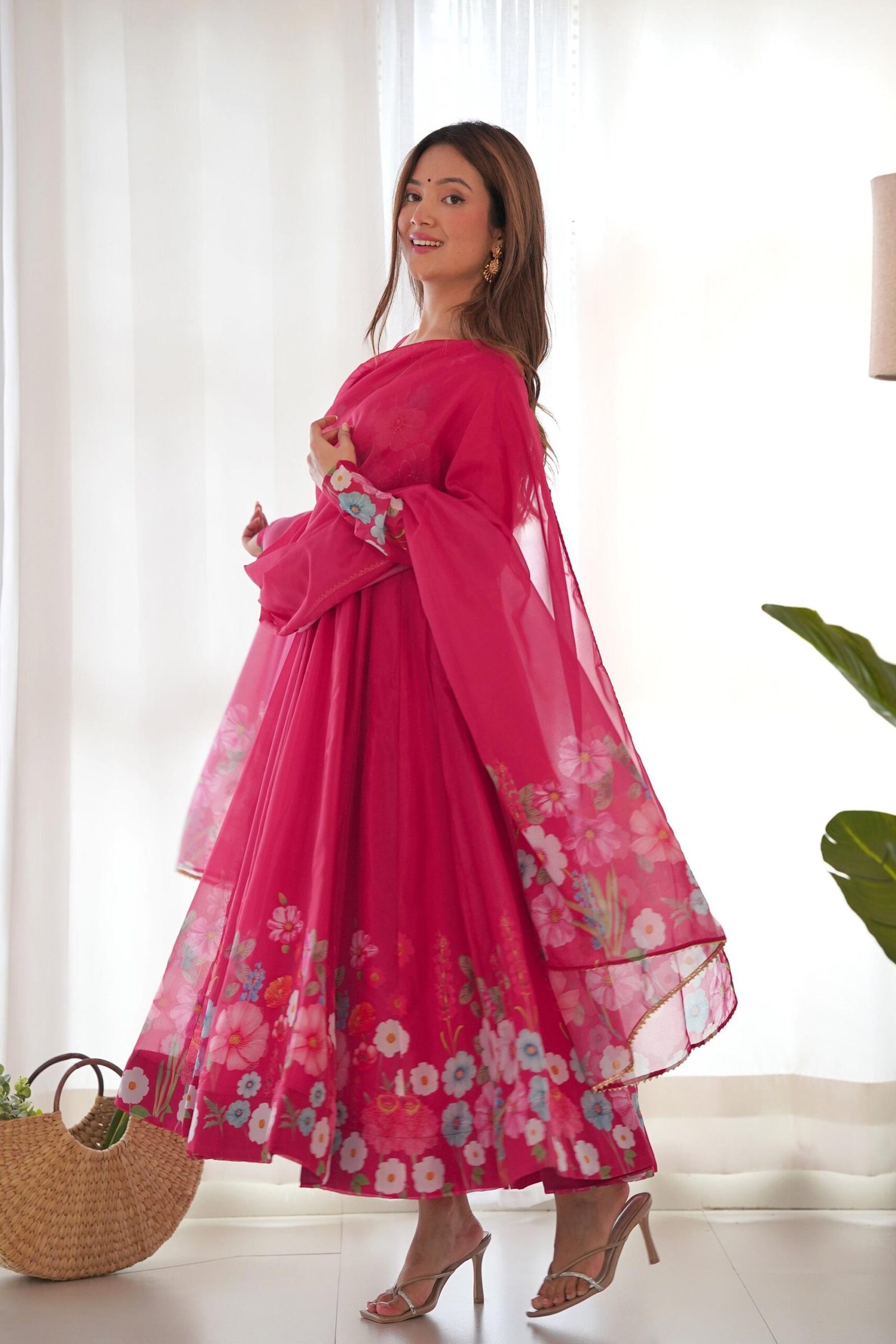Rani Pink Flower Print Organza Silk Anarkali Suit Set Rani Pink Flower Print Organza Silk Anarkali Suit Set