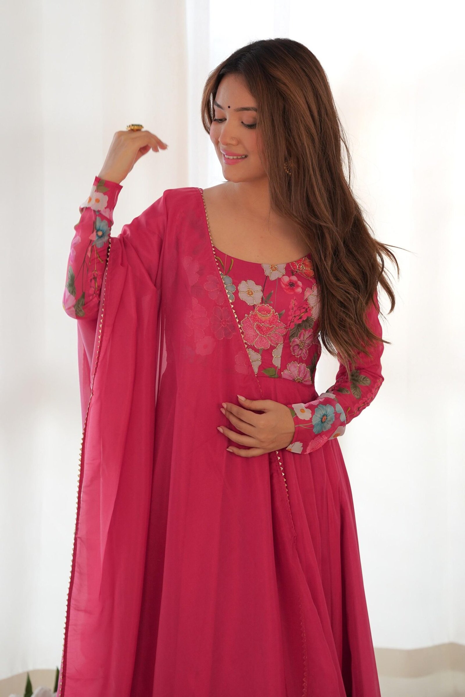 Rani Pink Flower Print Organza Silk Anarkali Suit Set Rani Pink Flower Print Organza Silk Anarkali Suit Set