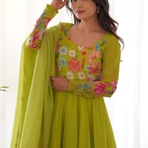 Ready-to-Wear Neon Yellow Floral Anarkali with Handwork & Dupatta
