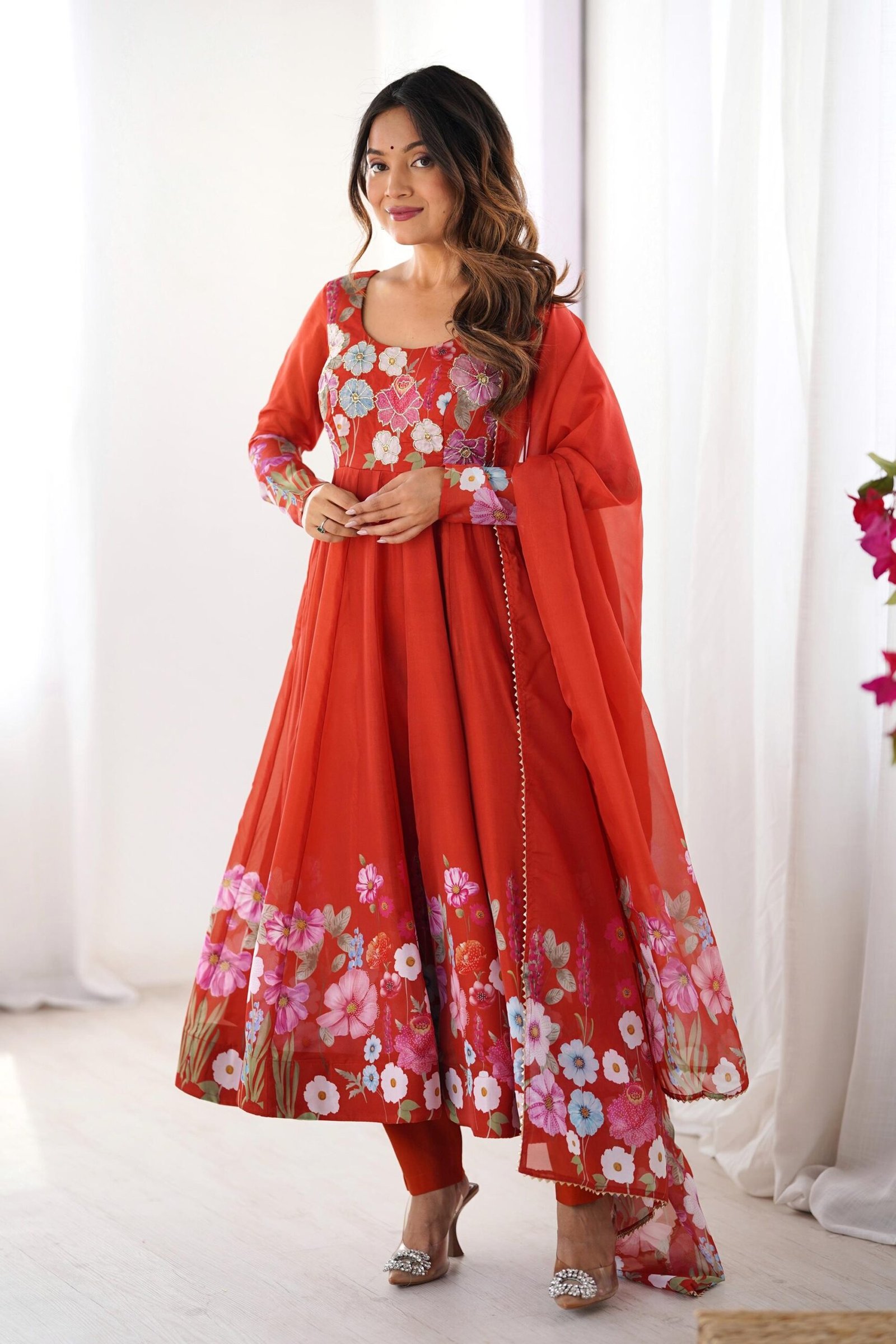 Rust Orange Floral Organza Silk Anarkali Suit Set Rust Orange Floral Organza Silk Anarkali Suit Set