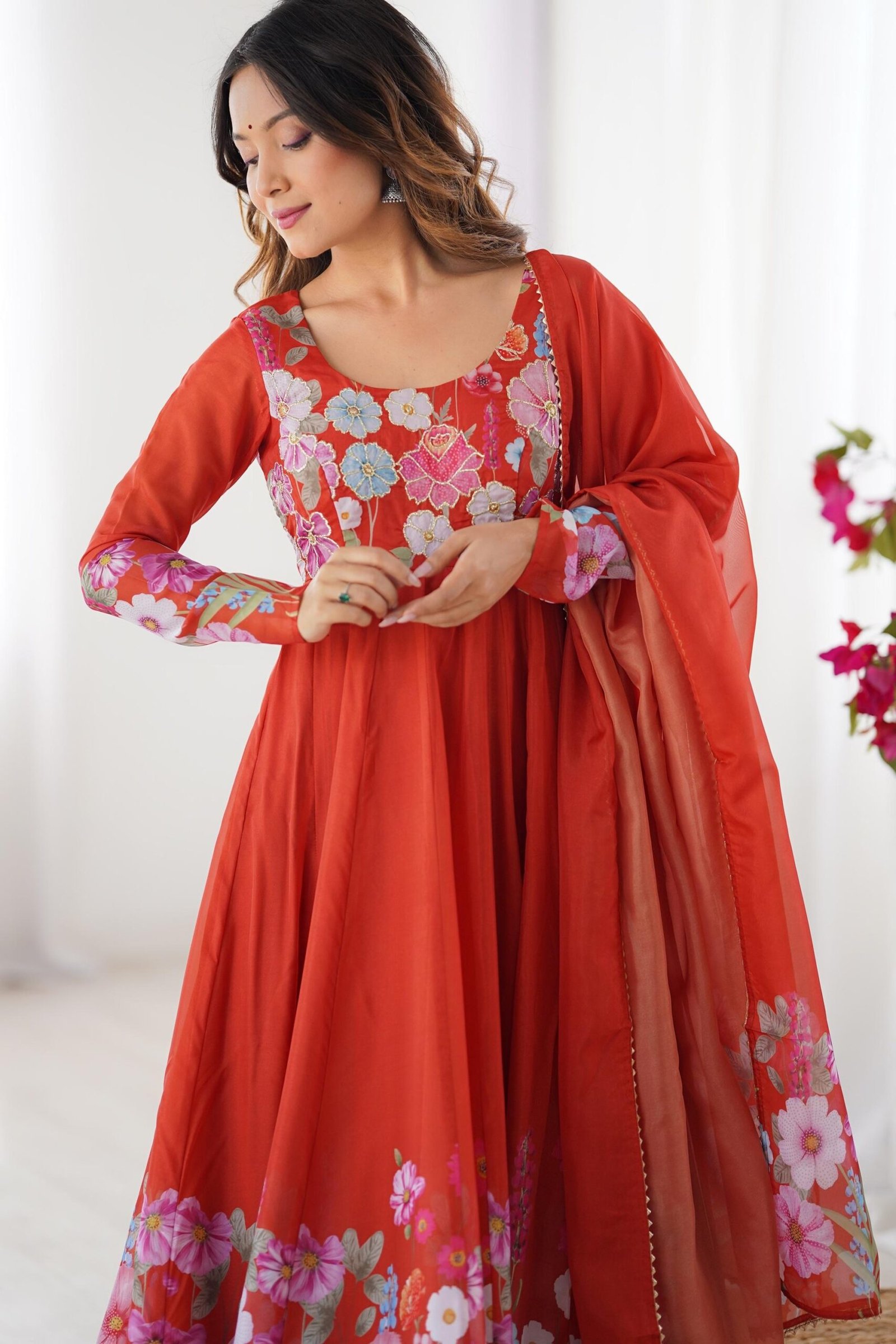 Rust Orange Floral Organza Silk Anarkali Suit Set Rust Orange Floral Organza Silk Anarkali Suit Set