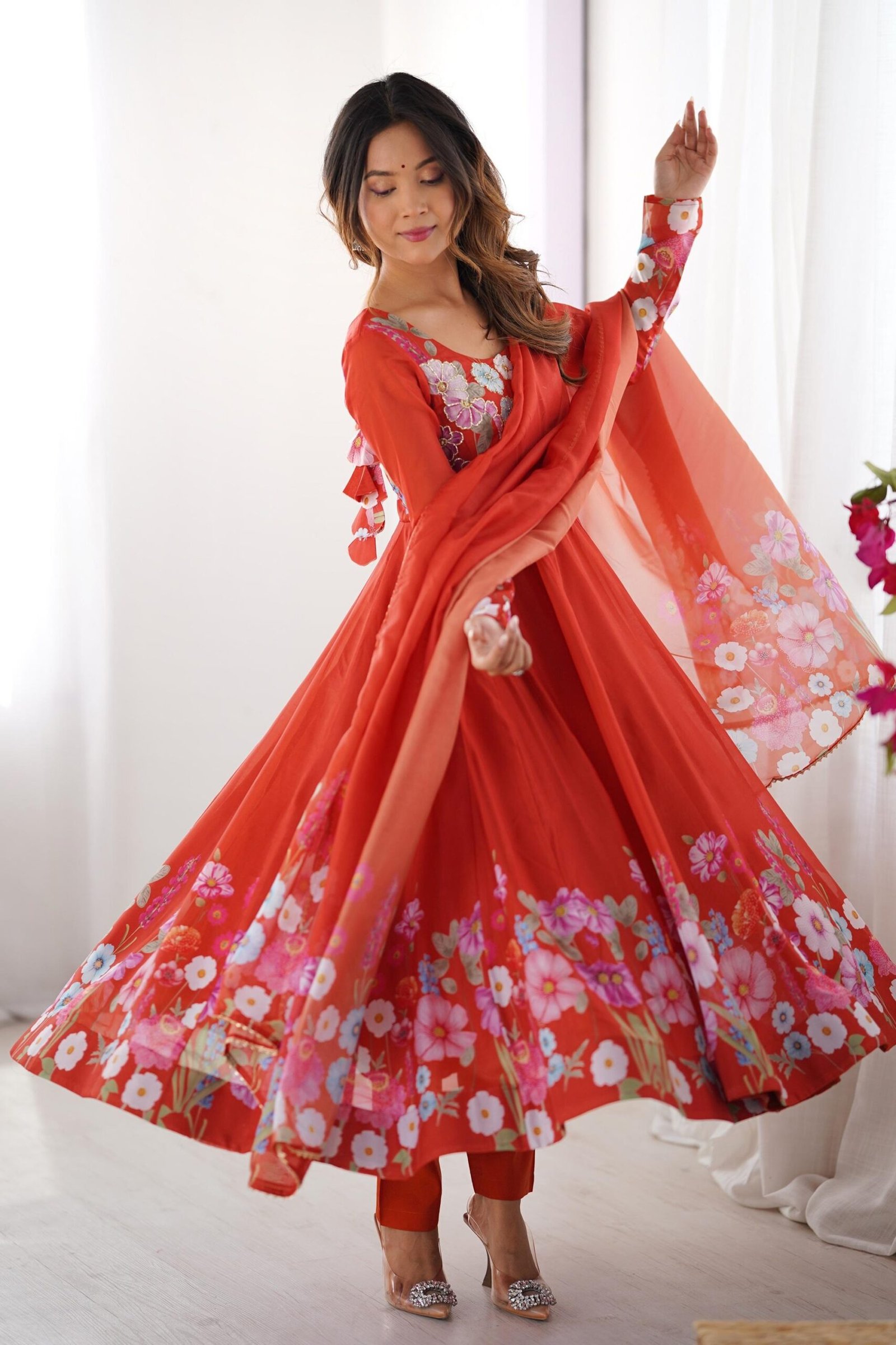Rust Orange Floral Organza Silk Anarkali Suit Set Rust Orange Floral Organza Silk Anarkali Suit Set