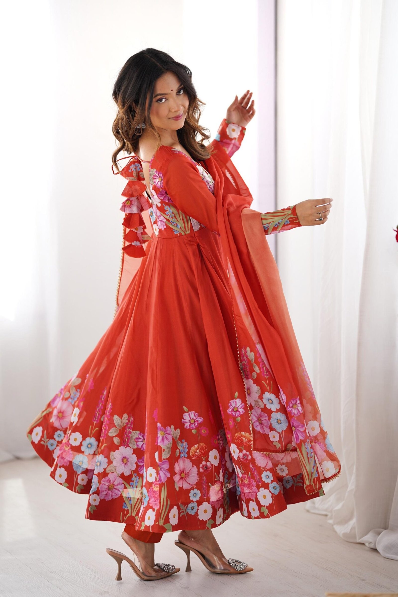 Rust Orange Floral Organza Silk Anarkali Suit Set Rust Orange Floral Organza Silk Anarkali Suit Set