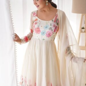 Floral Elegance: Cream Color Flower Print Anarkali with Zari Work and Dupatta