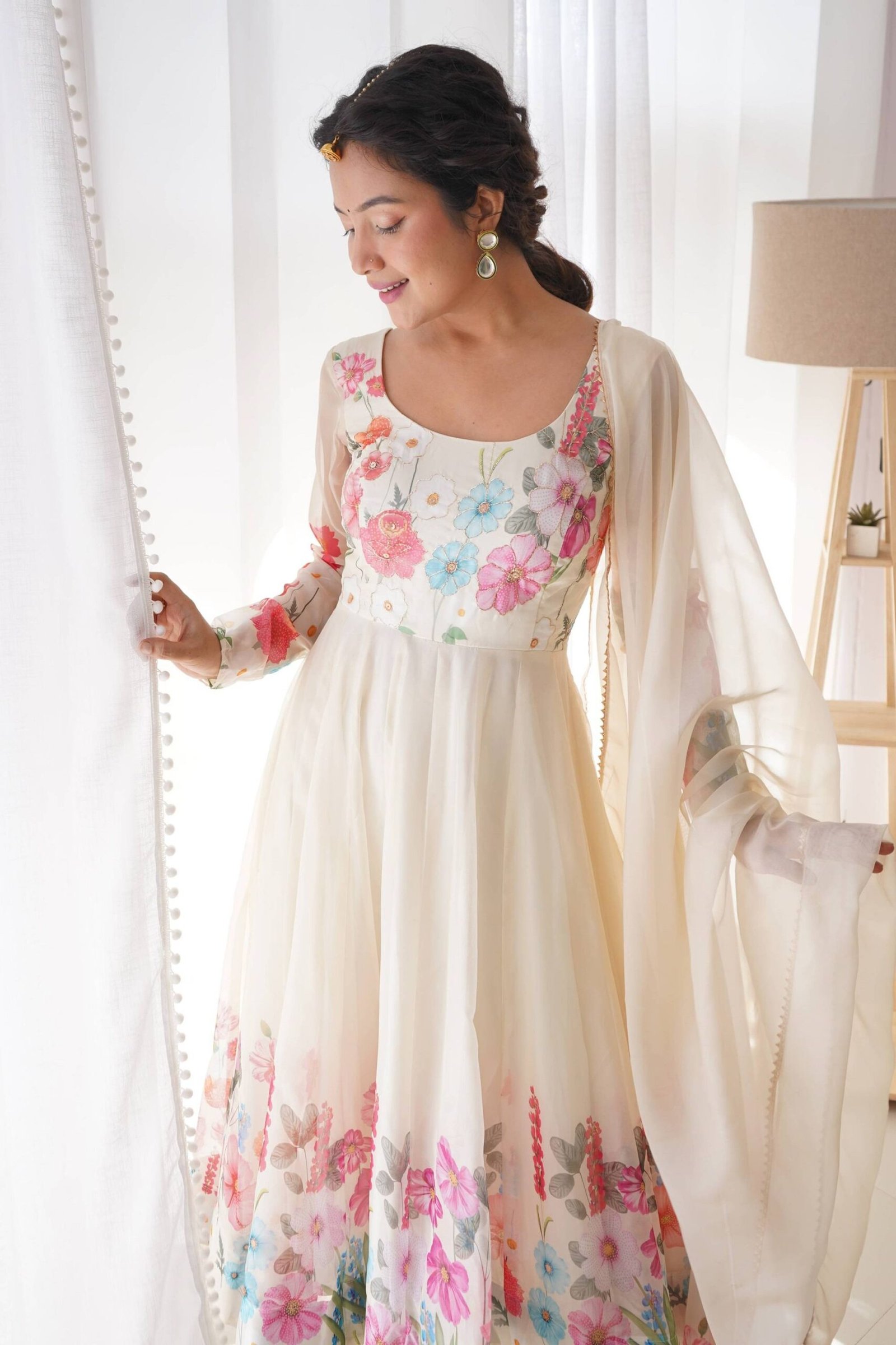 Floral Elegance: Cream Color Flower Print Anarkali with Zari Work and Dupatta Floral Elegance: Cream Color Flower Print Anarkali with Zari Work and Dupatta