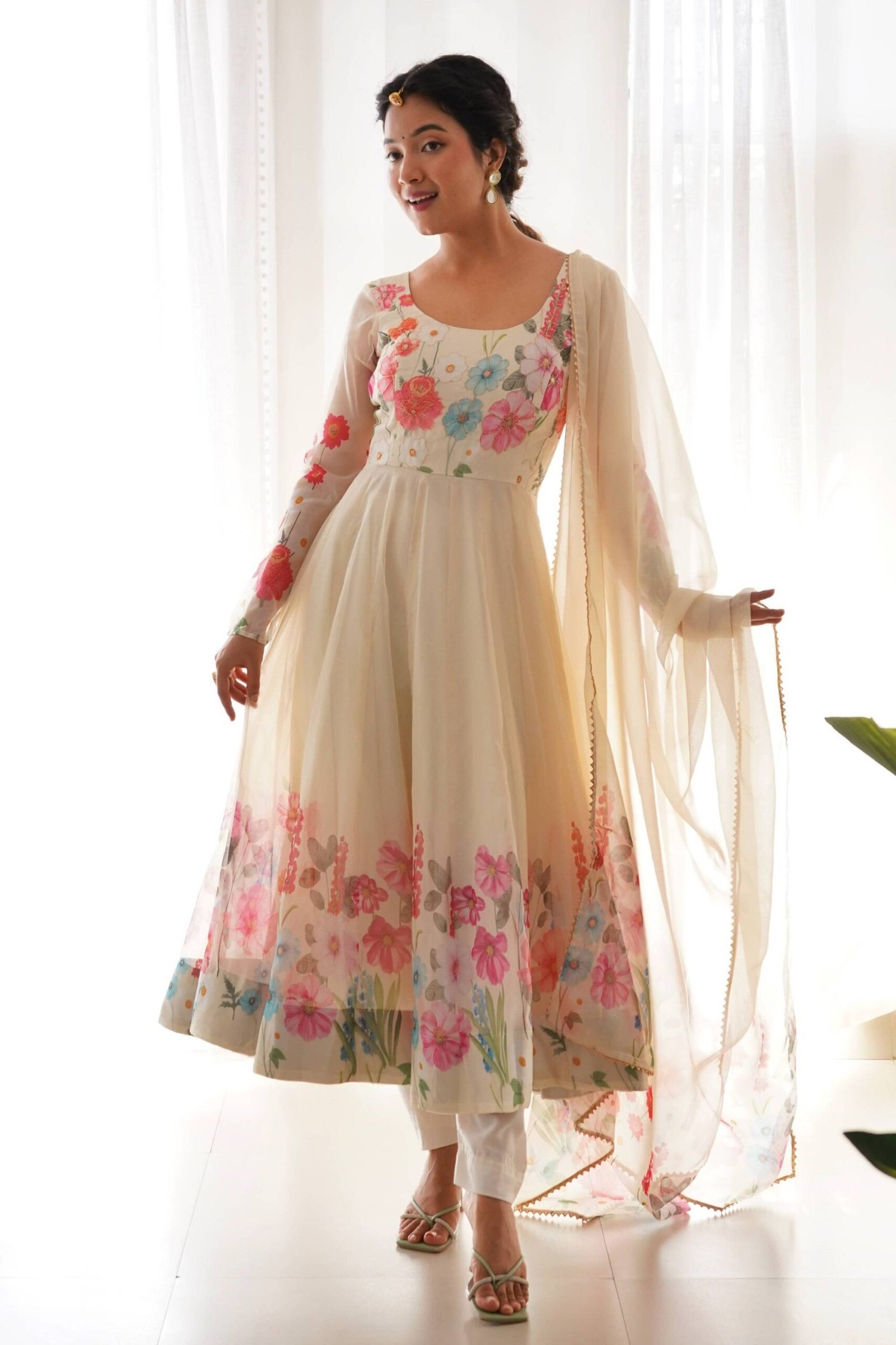 Floral Elegance: Cream Color Flower Print Anarkali with Zari Work and Dupatta Floral Elegance: Cream Color Flower Print Anarkali with Zari Work and Dupatta