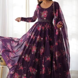 Feel Like Royalty in this Wine Color Floral Gown with Lucknowi Belt and Dupatta