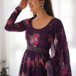 Feel Like Royalty in this Wine Color Floral Gown with Lucknowi Belt and Dupatta