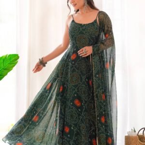 Green Bandhej Print Chiffon Gown with Dupatta - Lightweight & Flowy