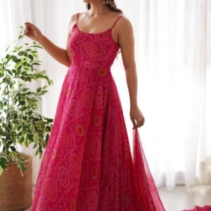 Elegant Pink Bandhej Print Chiffon Gown with Dupatta