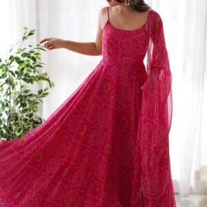 Elegant Pink Bandhej Print Chiffon Gown with Dupatta