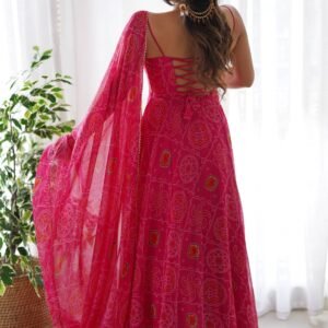 Elegant Pink Bandhej Print Chiffon Gown with Dupatta